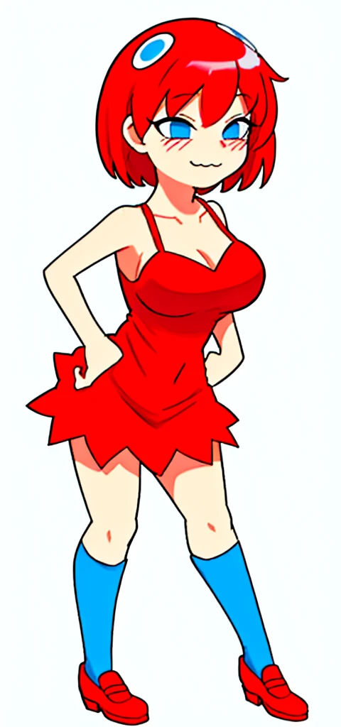 [less8 Pacman ghost], ((Masterpiece)), ((High Definition)), ((high quality)), ((detailed shading)), ((beautiful rendering art)), ((solo portrait)), ((whole body)), ((front view)), ((intricate details)), standing, by Pixelsketcher, dress, Blue eyes, Red hair, red dress, short hair, BIG BREASTS, short dress, shoes, red shoes, defined neckline, sleeveless dress,(Blue socks), human,hair ornament, White background, Alone, hands on the hips, blushing, perverted smile  