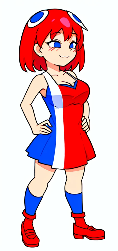 [less8 Pacman ghost], ((Masterpiece)), ((High Definition)), ((high quality)), ((detailed shading)), ((beautiful rendering art)), ((solo portrait)), ((whole body)), ((front view)), ((intricate details)), standing, by Pixelsketcher, dress, Blue eyes, Red hair, red dress, short hair, BIG BREASTS, short dress, shoes, red shoes, defined neckline, sleeveless dress,(Blue socks), human,hair ornament, White background, Alone, hands on the hips, blushing, perverted smile  