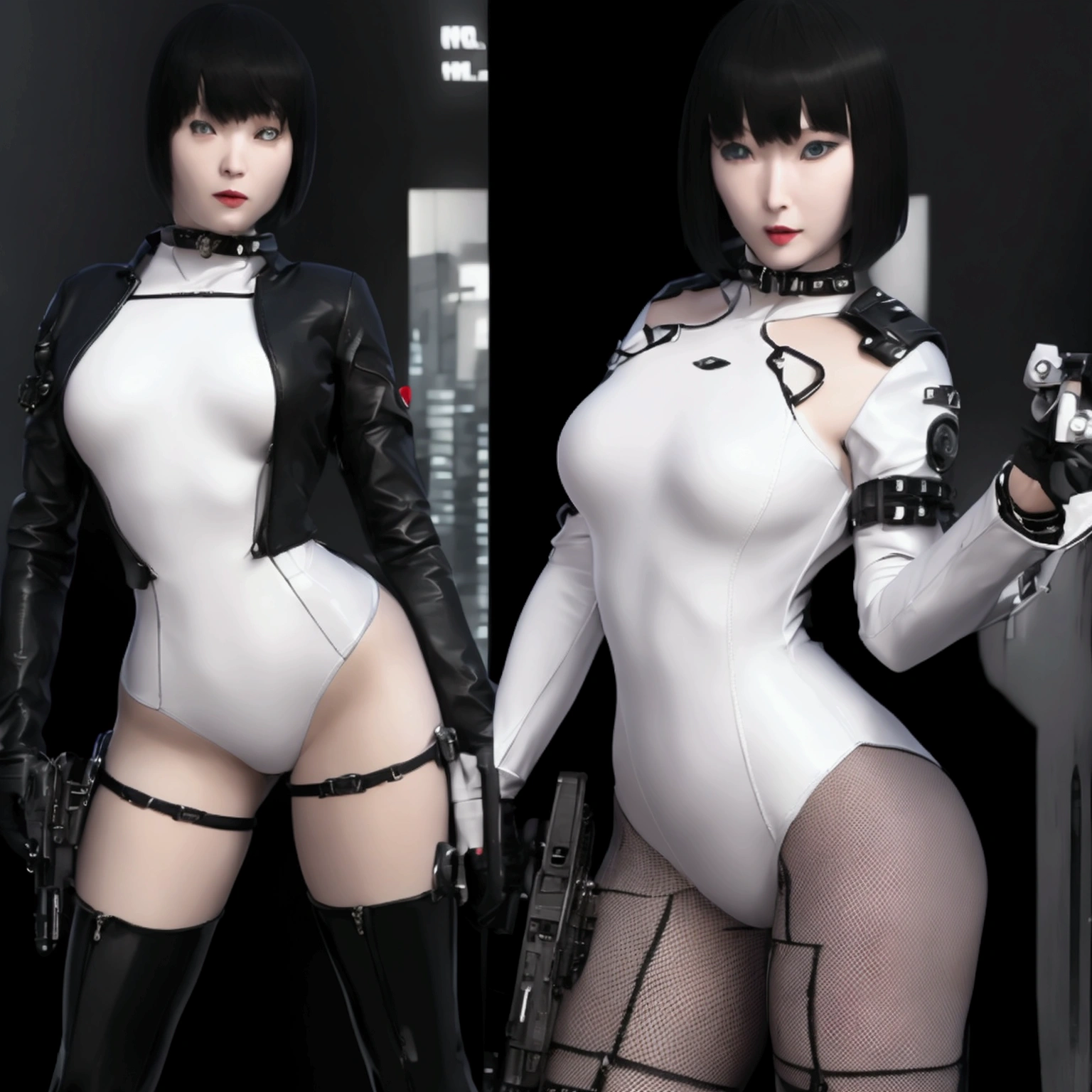 Beautiful woman in a white leotard from the future、Black Short Hair、bangs、stockings、High heel boots、Holds a gun from the future、Black leather jacket、ghost in the Shell、Motoko Kusanagi、City of the Future、