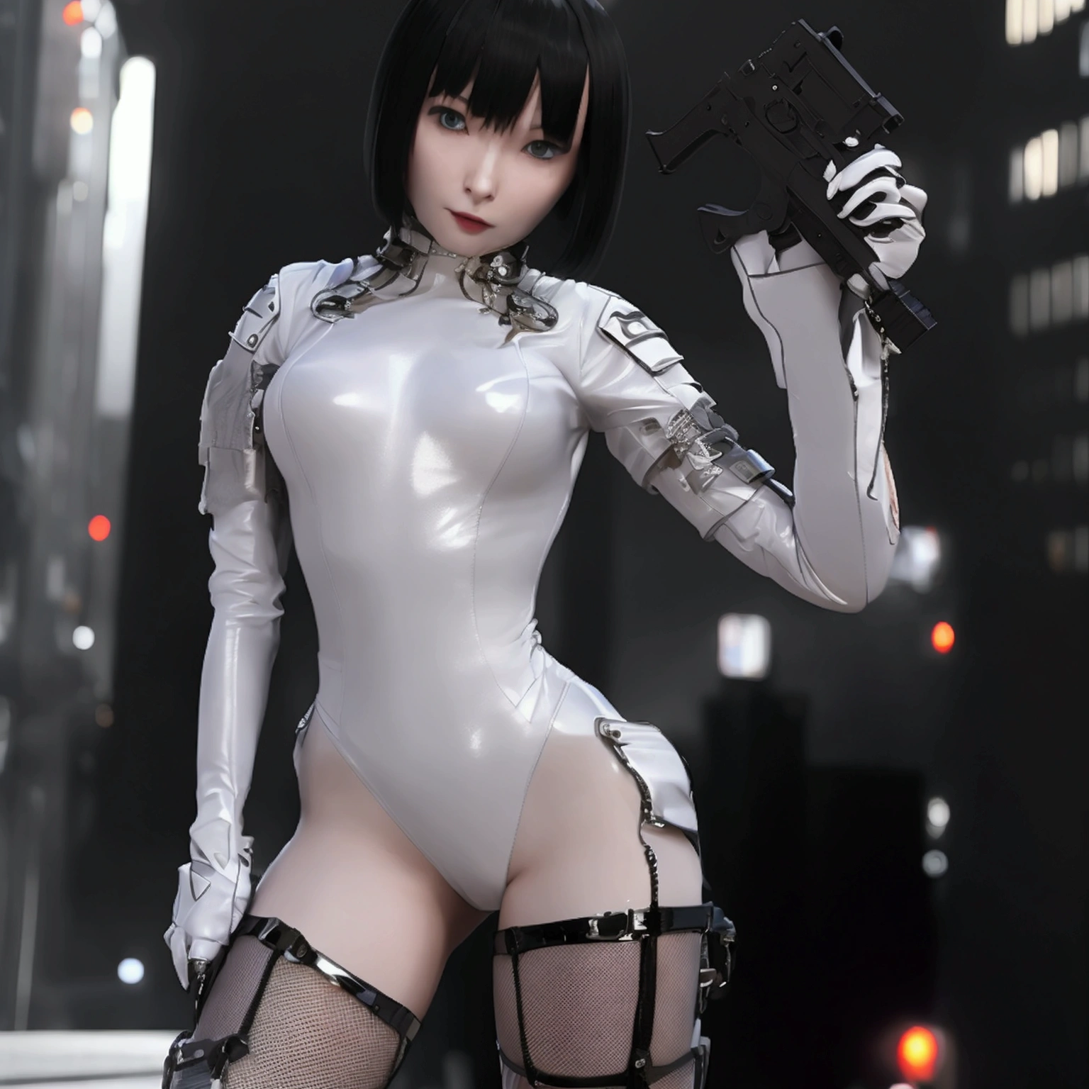 Beautiful woman in a white leotard from the future、Black Short Hair、bangs、stockings、High heel boots、Holds a gun from the future、Black leather jacket、ghost in the Shell、Motoko Kusanagi、City of the Future、