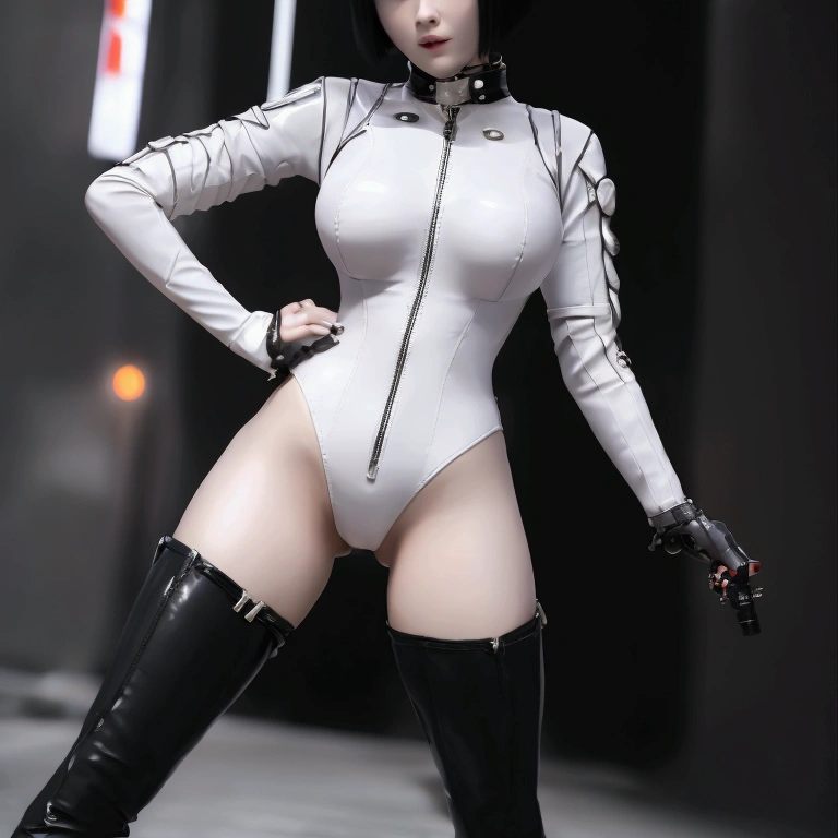 Beautiful woman in a white leotard from the future、Black Short Hair、bangs、stockings、High heel boots、Holds a gun from the future、Black leather jacket、ghost in the Shell、Motoko Kusanagi、City of the Future、
