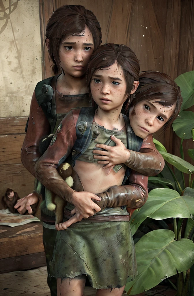 A (((beautiful tween holding a monkey and a monkey in her arms,))) ((Ellie from the last of us part one)) a, Wearing micro skirt. ((And her get hugs with Lewd monkey groping her in jungle)).(realistic arts), intricate, (monkey craves her carnally), nipslip, puffy nip, milky, ((monkey grabbing breasts))