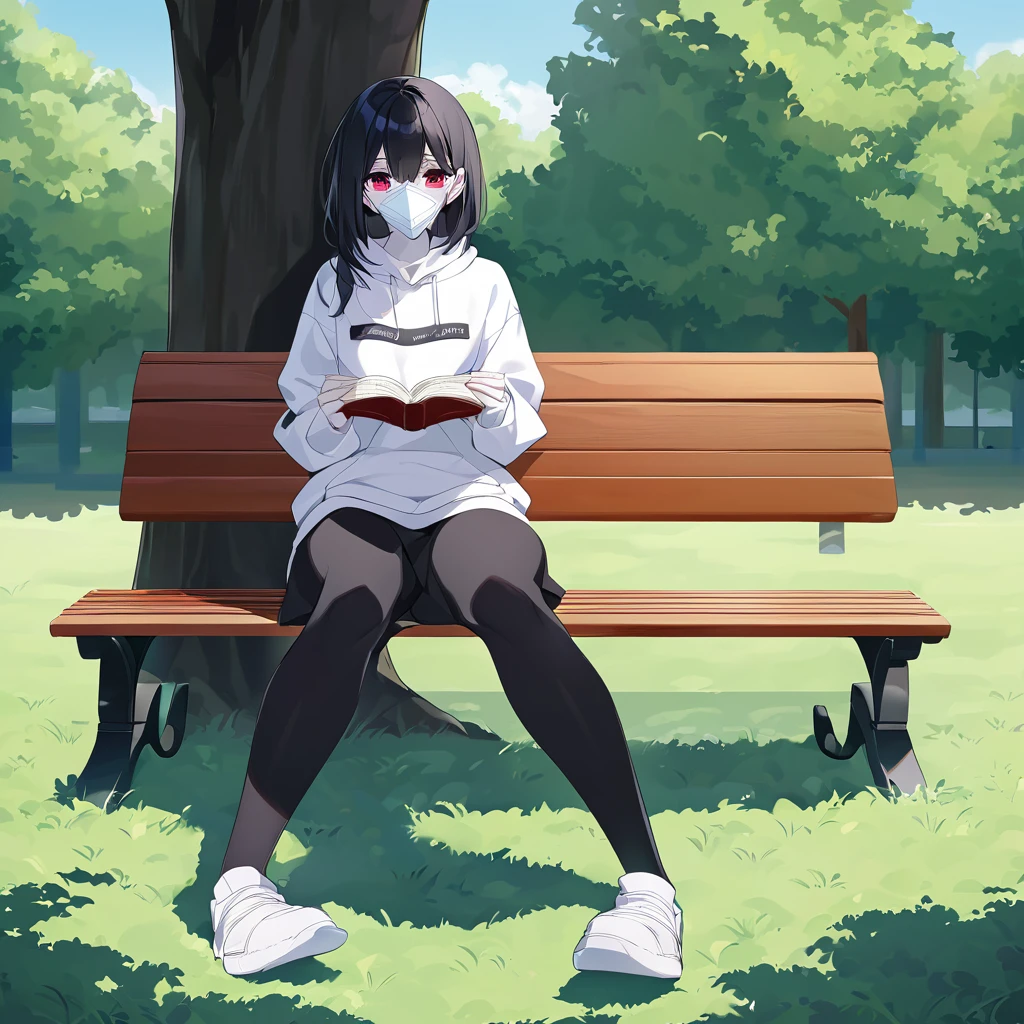 A woman with white skin and red eyes. She has very short black hair (men's size) and wears a black band around it. She has a gas mask that only covers the lower part of her face, black, and wears a black sweatshirt set. She is sitting on a bench, in a park, doing nothing, observing the few people around her, holding a closed book. Full body image