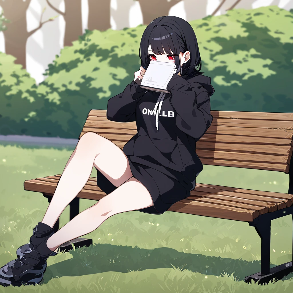 A woman with white skin and red eyes. She has very short black hair (men's size) and wears a black band around it. She has a gas mask that only covers the lower part of her face, black, and wears a black sweatshirt set. She is sitting on a bench, in a park, doing nothing, observing the few people around her, holding a closed book. Full body image