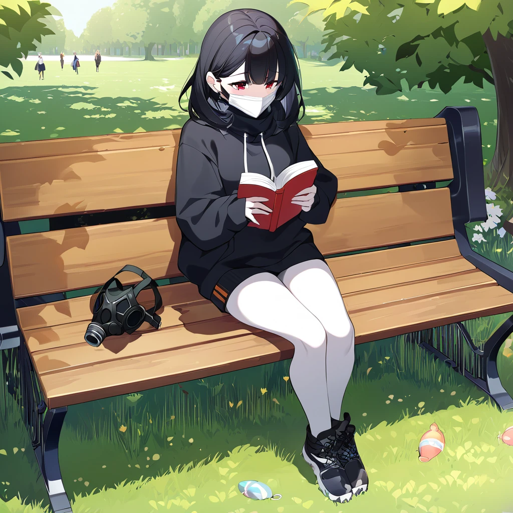A woman with white skin and red eyes. She has very short black hair (men's size) and wears a black band around it. She has a gas mask that only covers the lower part of her face, black, and wears a black sweatshirt set. She is sitting on a bench, in a park, doing nothing, observing the few people around her, holding a closed book. Full body image