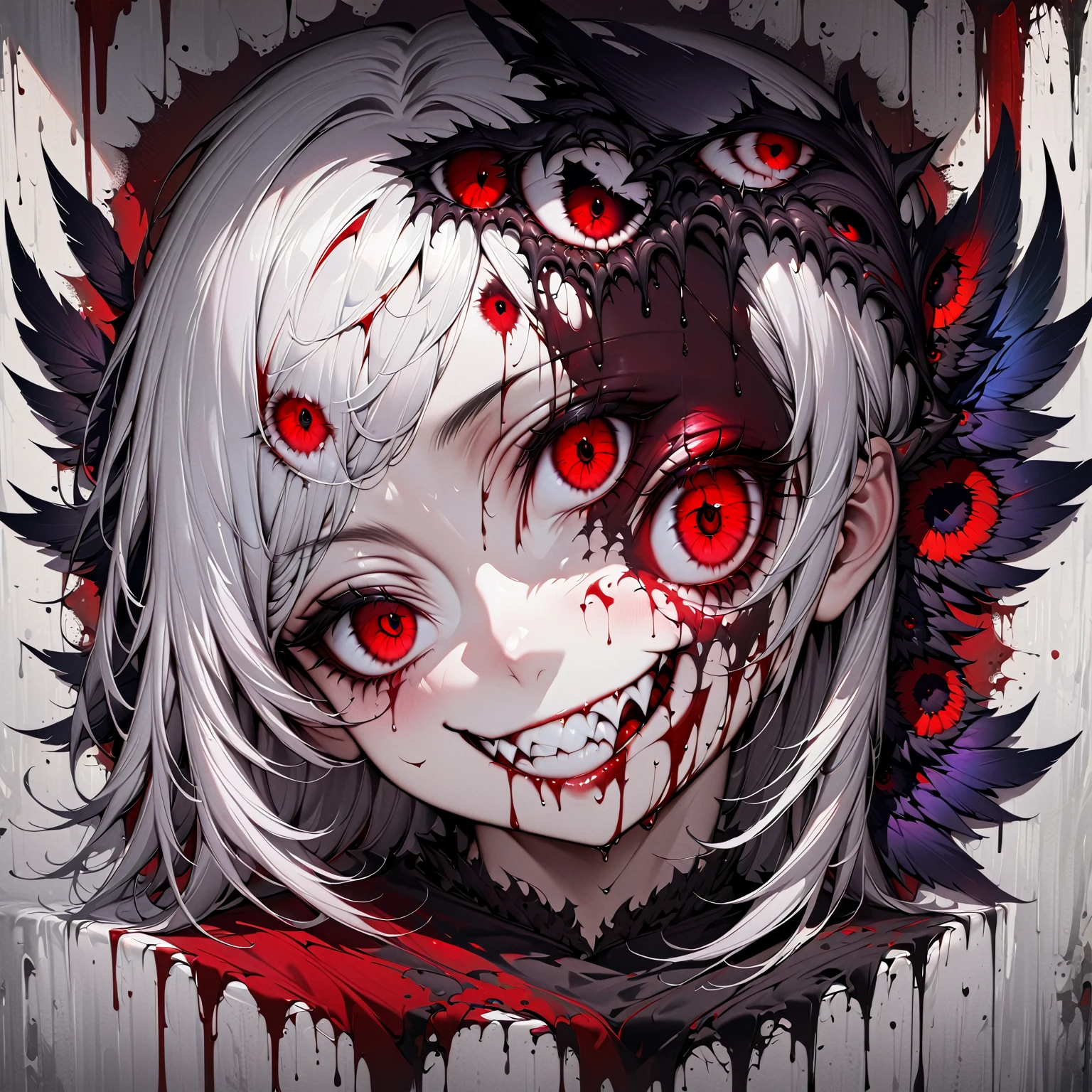 (((Nsfw, Vulgar))),wet-on-wet oil painting depicting a dark angel, a semi-realistic full body portrait, blood on the angel face,, red eyes, gorgeous painting, breathtaking, semirealistic, beautiful colors, evil, beautiful red eyes, detailed textures, massive blackdark feathers, blood, white hair, evil grin, evil smile