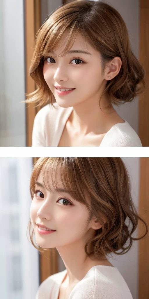 ( masterpiece, Highest quality), 8k, ((Perfect Anatomy:1.2)),The only beautiful Japanese woman,,20-year-old, Small face,(Cute Face:1.2),smile, Large breasts, ,Beautiful and detailed, Evenly spaced 1.2, Blonde Long Hair,(Random Hairstyles),、Highest quality、High resolution、Tabletop、wallpaper、Realistic、Bright lighting、Professional Lighting、Face Light、Smooth lighting、Japanese women、Adult、Beautiful woman、action、gravure、sexy、poor、so beautiful、Beautiful Skin、Beautiful and detailed、Detailed face、slim、moderately、short hair、Brunette Hair、Brown eyes、