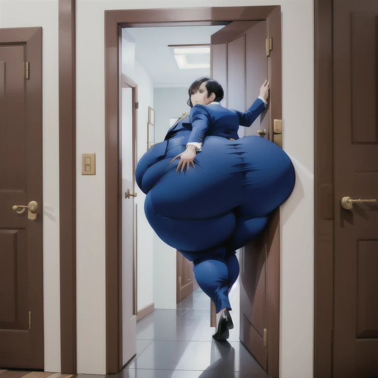 masterpiece, 1girl behind a doorway, from behind, (doorstuck, stuckbehind:1.3), huge hips, round belly, thick thighs, giant butt,colorful clothing, wearing a blue suit and tie and formal pants, upset, desperately trying to wiggle through, she tries to free herself but she won't budge, she is stuck tight view from behind, she is too wide, the doorway is quite narrow too, she kicks her legs furiously, trying to wiggle her hips through the small door