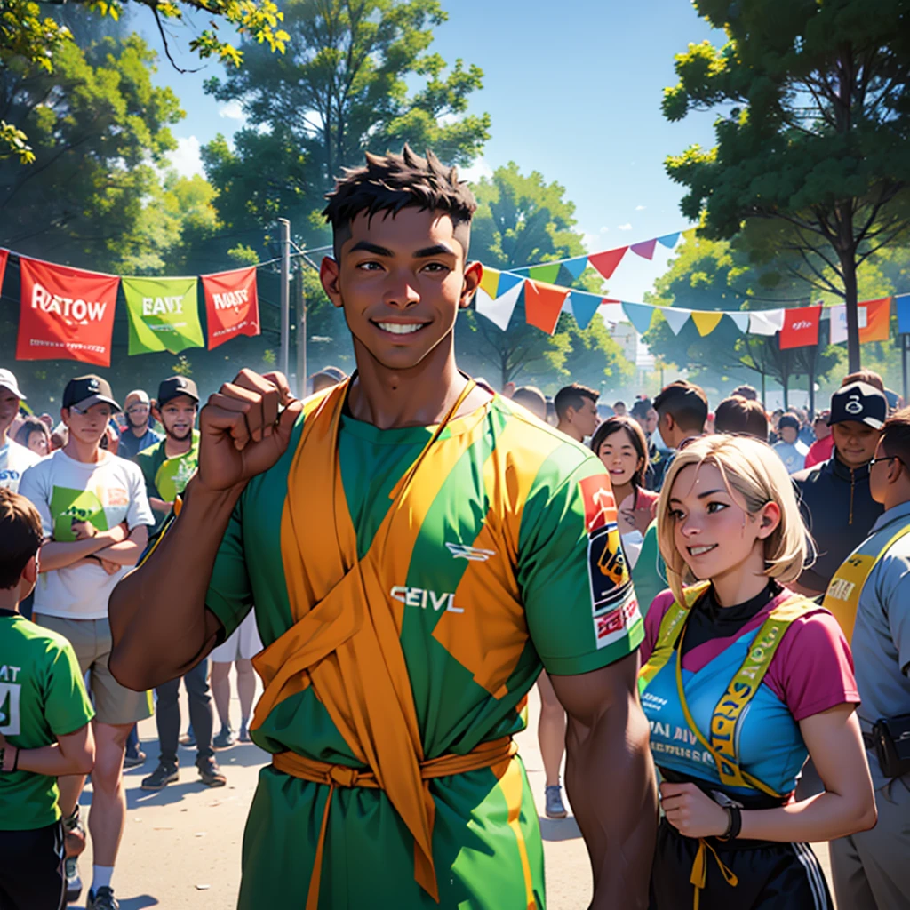 A scene of an energetic man wearing a green campaigner outfit, surrounded by people who admire and respect him. He stands confidently in the center, exuding positivity and charisma, with a friendly and approachable smile on his face. The background features a vibrant community event in a lively park, with colorful banners and decorations. People of different ages and backgrounds are gathered around him, some cheering, others shaking his hand, and a few taking photos with him, showcasing their admiration and support for his cause.