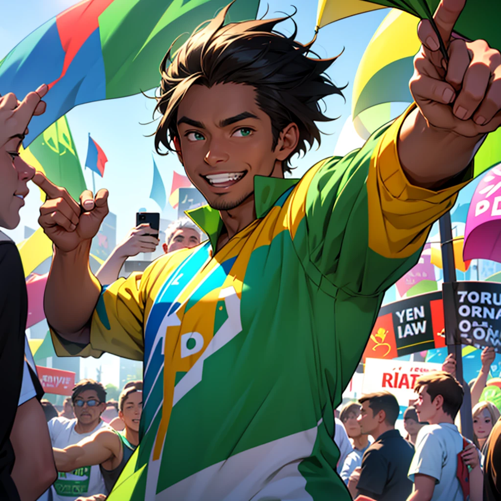 A scene of an energetic man wearing a green campaigner outfit, surrounded by people who admire and respect him. He stands confidently in the center, exuding positivity and charisma, with a friendly and approachable smile on his face. The background features a vibrant community event in a lively park, with colorful banners and decorations. People of different ages and backgrounds are gathered around him, some cheering, others shaking his hand, and a few taking photos with him, showcasing their admiration and support for his cause.
