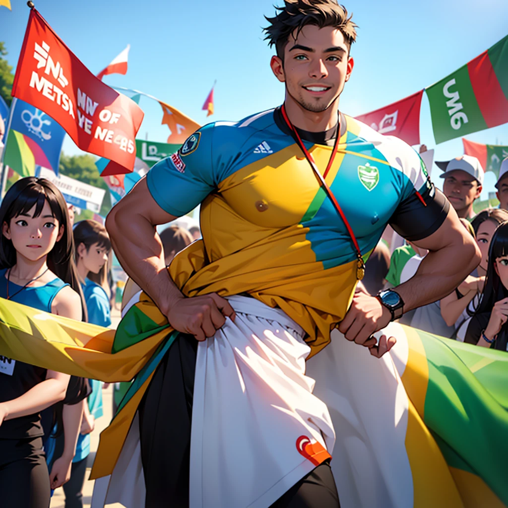 A scene of an energetic man wearing a green campaigner outfit, surrounded by people who admire and respect him. He stands confidently in the center, exuding positivity and charisma, with a friendly and approachable smile on his face. The background features a vibrant community event in a lively park, with colorful banners and decorations. People of different ages and backgrounds are gathered around him, some cheering, others shaking his hand, and a few taking photos with him, showcasing their admiration and support for his cause.
