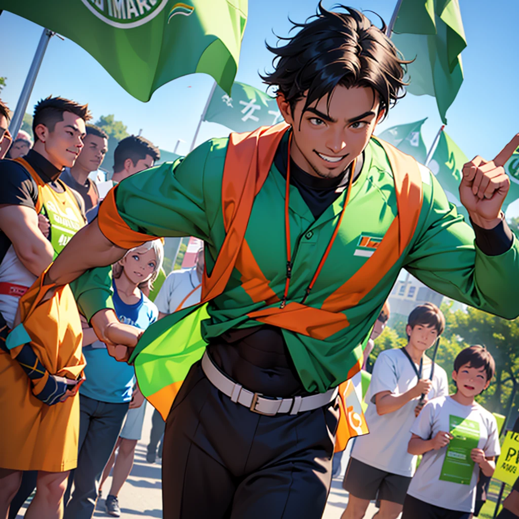 A scene of an energetic man wearing a green campaigner outfit, surrounded by people who admire and respect him. He stands confidently in the center, exuding positivity and charisma, with a friendly and approachable smile on his face. The background features a vibrant community event in a lively park, with colorful banners and decorations. People of different ages and backgrounds are gathered around him, some cheering, others shaking his hand, and a few taking photos with him, showcasing their admiration and support for his cause.