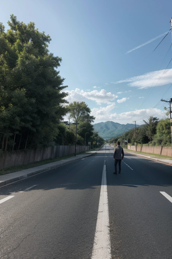 man walking on a road near a crossroads