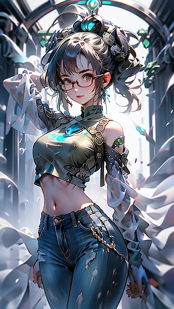 Masterpiece, best quality, 1girl, solo, 23 years old, adult, blshair, messy hair, asymmetrical hair, ahoge, very short hair, aqua eyes, medium breasts,  toned, 167cm, pale skin, glasses, grin, olive green shirt, jeans, midriff peek,