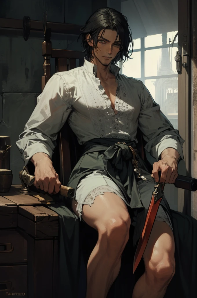 (absurdities, High Resolutions, ultra detailed, HDR), Masterpiece, The best quality, final fantasy xvi, clive rosfield, 1man only, handsome, short hair, black hair, vibrant blue eyes, fine eyes and detailed face, armor, ((Intricate weapon)), Sitting on the throne, legs open, affected smile, annoying.