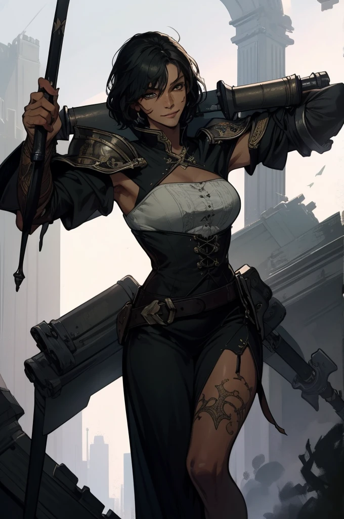 (absurdities, High Resolutions, ultra detailed, HDR), Masterpiece, The best quality, final fantasy xvi, clive rosfield, 1man only, handsome, short hair, black hair, vibrant blue eyes, fine eyes and detailed face, armor, ((Intricate weapon)), Sitting on the throne, legs open, affected smile, annoying.
