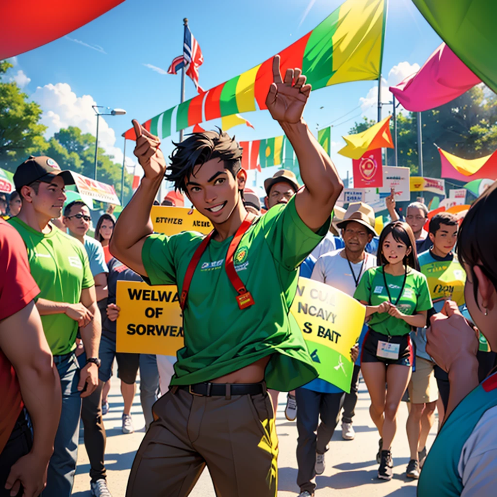 A scene of an energetic man wearing a green campaigner outfit, surrounded by people who admire and respect him. He stands confidently in the center, exuding positivity and charisma, with a friendly and approachable smile on his face. The background features a vibrant community event in a lively park, with colorful banners and decorations. People of different ages and backgrounds are gathered around him, some cheering, others shaking his hand, and a few taking photos with him, showcasing their admiration and support for his cause.