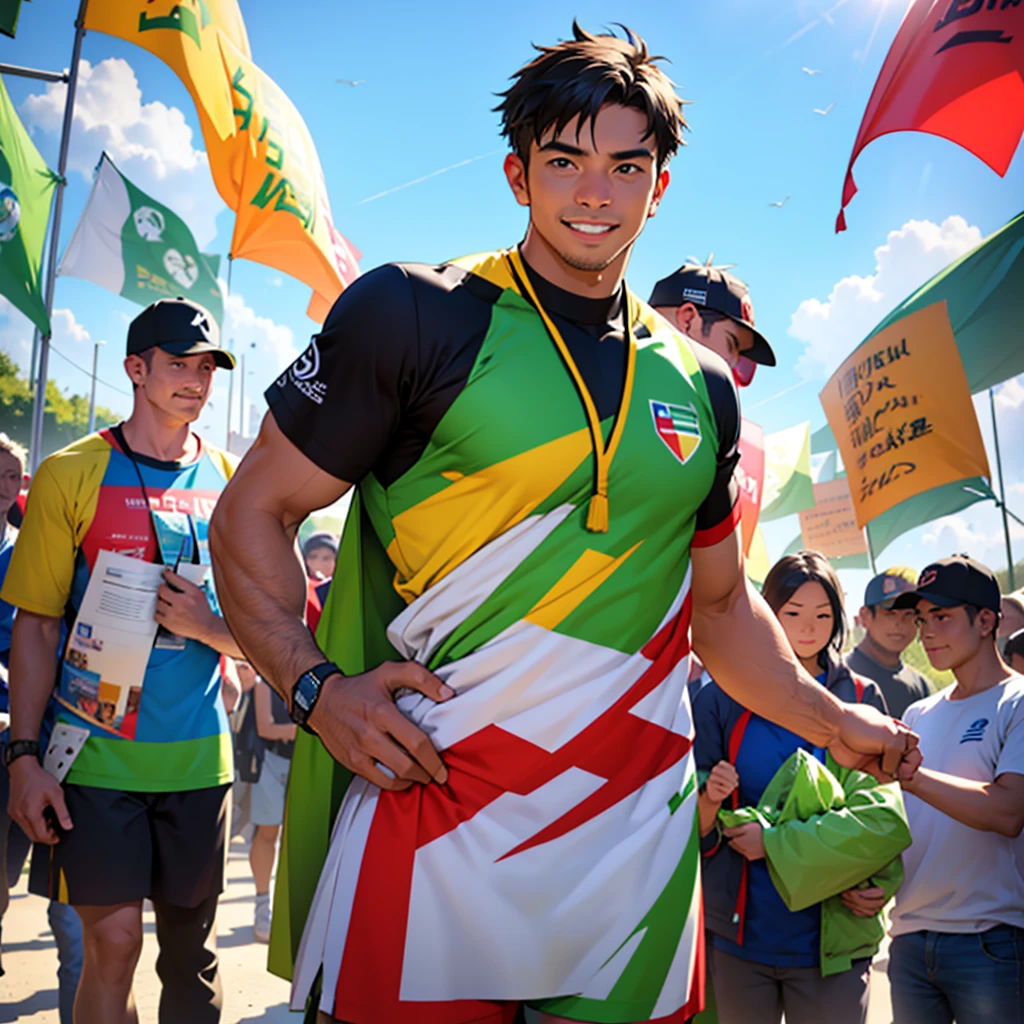A scene of an energetic man wearing a green campaigner outfit, surrounded by people who admire and respect him. He stands confidently in the center, exuding positivity and charisma, with a friendly and approachable smile on his face. The background features a vibrant community event in a lively park, with colorful banners and decorations. People of different ages and backgrounds are gathered around him, some cheering, others shaking his hand, and a few taking photos with him, showcasing their admiration and support for his cause.
