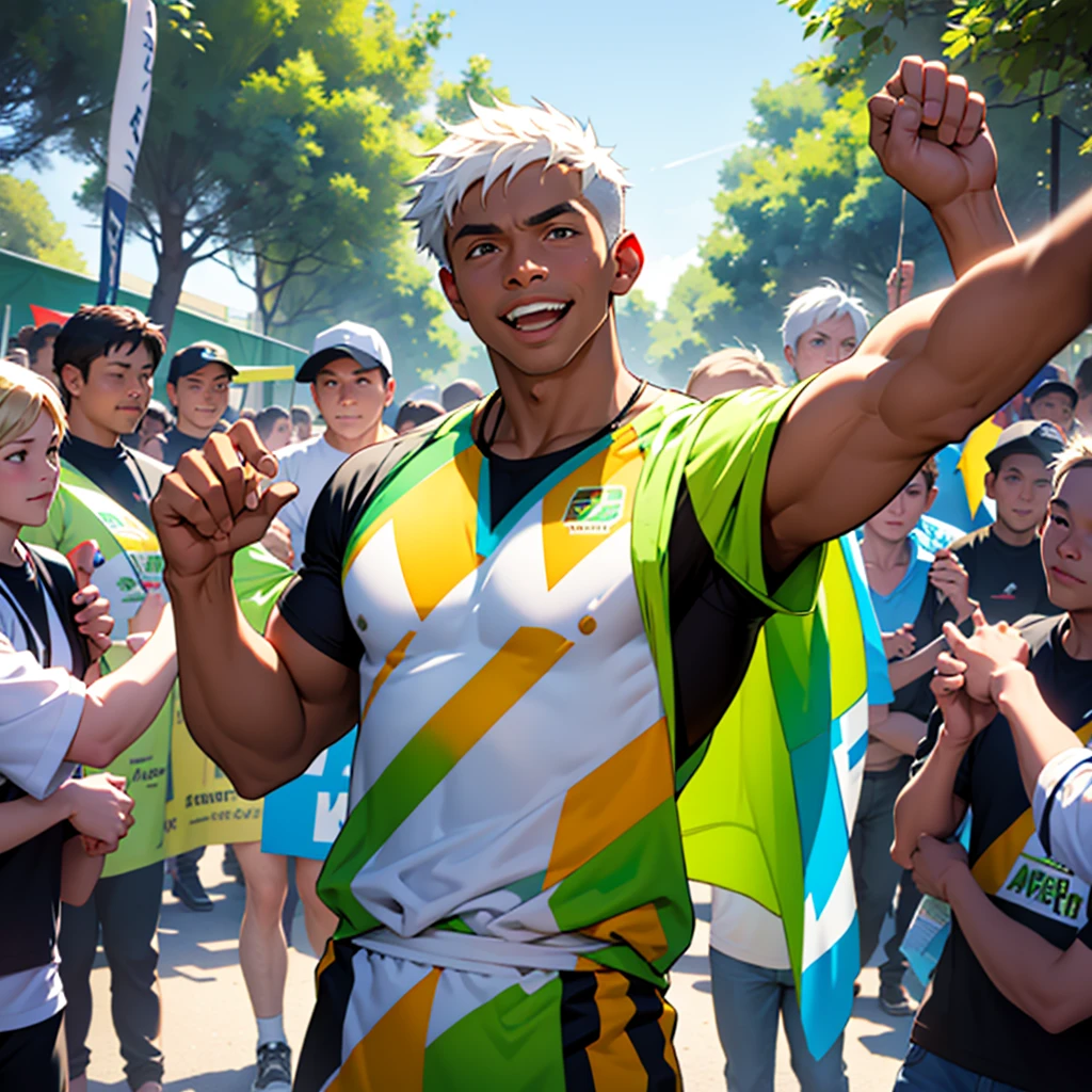 A scene of an energetic man wearing a green campaigner outfit, surrounded by people who admire and respect him. He stands confidently in the center, exuding positivity and charisma, with a friendly and approachable smile on his face. The background features a vibrant community event in a lively park, with colorful banners and decorations. People of different ages and backgrounds are gathered around him, some cheering, others shaking his hand, and a few taking photos with him, showcasing their admiration and support for his cause.