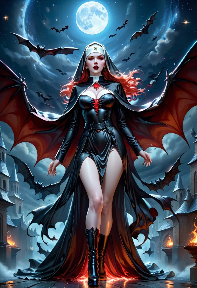 a picture of an exquisite beautiful female (nun: 1.3) vampire standing under the starry night sky on the porch of her monastary, action shot, dynamic angle (ultra detailed, Masterpiece, best quality), ultra detailed face (ultra detailed, Masterpiece, best quality), ultra feminine, (pale skin: 1.3), red hair, wavy hair, dynamic eyes color, cold eyes, glowing eyes, intense eyes, dark red lips, [fangs], wearing white nun habit (ultra detailed, Masterpiece, best quality), wearing blue cloak (ultra detailed, Masterpiece, best quality), long cloak, flowing cloak (ultra detailed, Masterpiece, best quality), wearing high heeled boots, sky full of stars background, moon, bats flying about, action shot, high details, best quality, 16k, [ultra detailed], masterpiece, best quality, (ultra detailed), full body, ultra wide shot, photorealism, dark fantasy art, dark fantasy art, gothic art, many stars, dark fantasy art, gothic art, sense of dread, bloodmagic