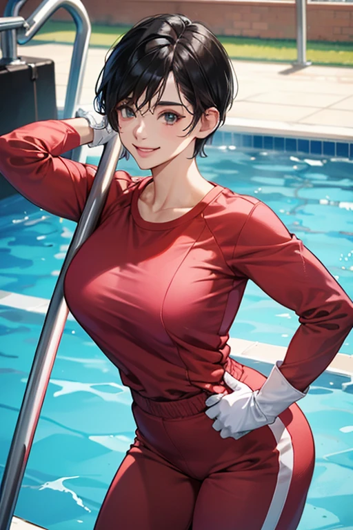 A muscular mature woman with short black hair and wearing red long sleeves and pants in gym clothes, wearing large pink rubber gloves and white rubber boots, smiling as she cleans the school pool.