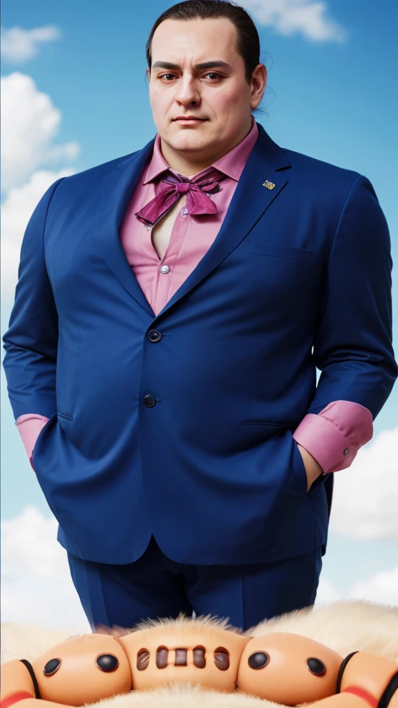 Octavio android8 in a blue suit - round face - tender and adorable face - full hd hyperrealistic image