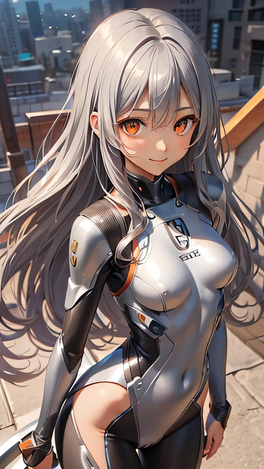 highest quality、Realistic、female、zoom、Orange Eyes、Silver long wavy hair、Hero Suit、Glossy bodysuit、slender、Dark Skin、Small breasts。Aerial、An inappropriate smile、Bust Shot、