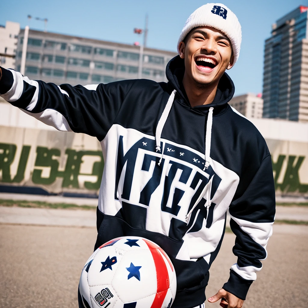 A man holding a soccer ball,holding money,shouting and smiling, handsome,wearing a football hoodie,on hoodie writing"BO NYAN 555mix",3d illustration,8k