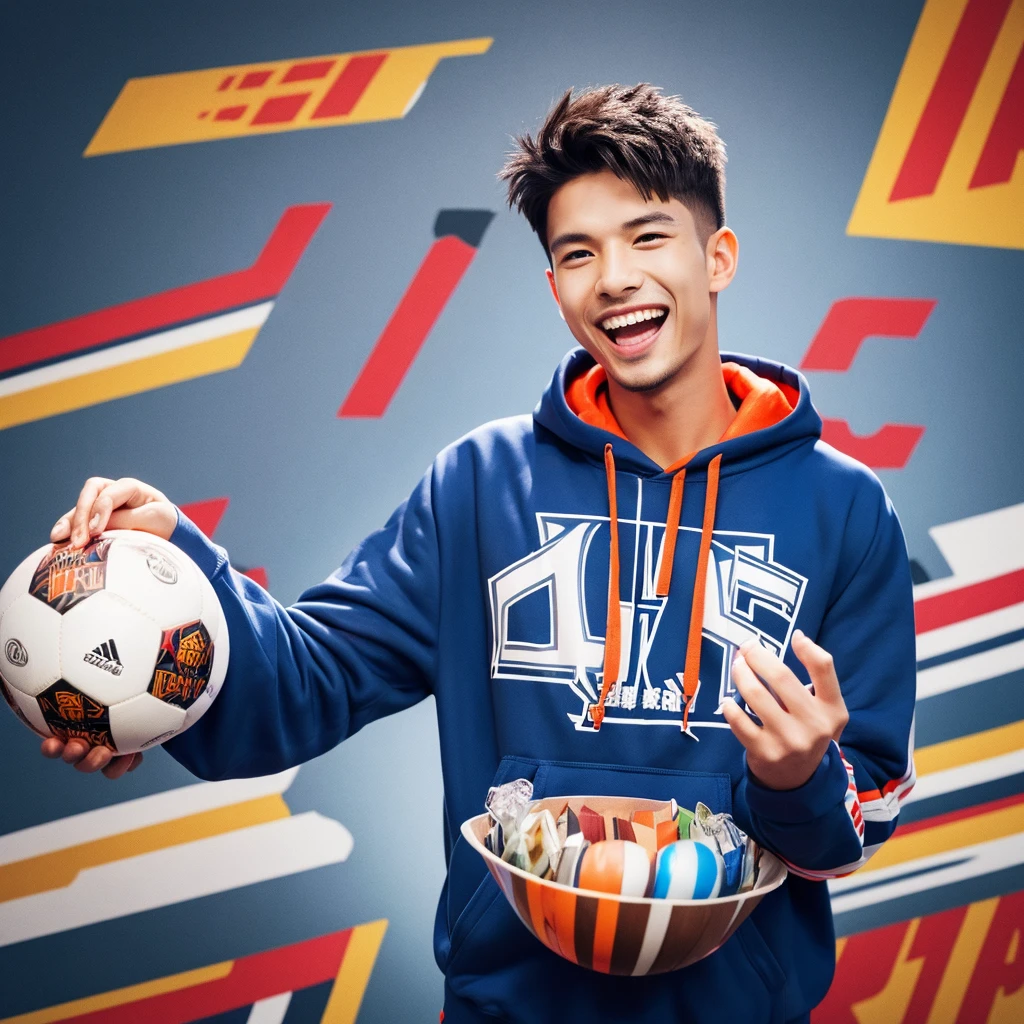 A man holding a soccer ball,holding money,shouting and smiling, handsome,wearing a football hoodie,on hoodie writing"BO NYAN 555mix",3d illustration,8k