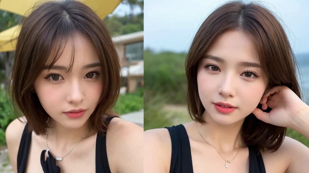((Photorealistic Lighting、Highest quality、8k、masterpiece:1.3))、Clear focus:1.2、Browsing Caution (New South Wales) (New South Wales) (New South Wales):1.2,(:1.2)、((Realistic)) , ((Real Light、Highest quality))、Model body type:1.4、(Dark brown hair、Proudly:1.2)、short hair、One Woman、Looming、setting、(Age 25:1.3)、Highly detailed face、Detailed eyes、double eyelid、necklace、Wristband、Eyeliner、Colorful Bikinis、 (big), (Black Dress), (Seaside,Beach,Sandy Beach,)