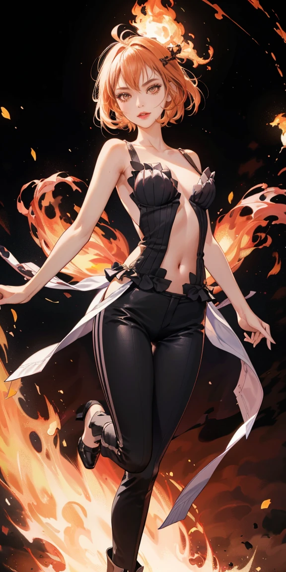 full-body close-up, create an elegant atmosphere), black pants, Black top, Orange short hair, graceful flowing, elegant movements, lustful smirking smile expression (red blush), floating in the air, (1girl), slim figure) fire and Ice background 
