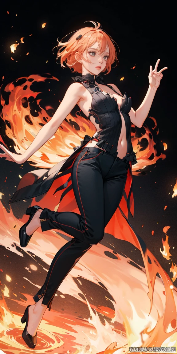 full-body close-up, create an elegant atmosphere), black pants, Black top, Orange short hair, graceful flowing, elegant movements, lustful smirking smile expression (red blush), floating in the air, (1girl), slim figure) fire and Ice background
