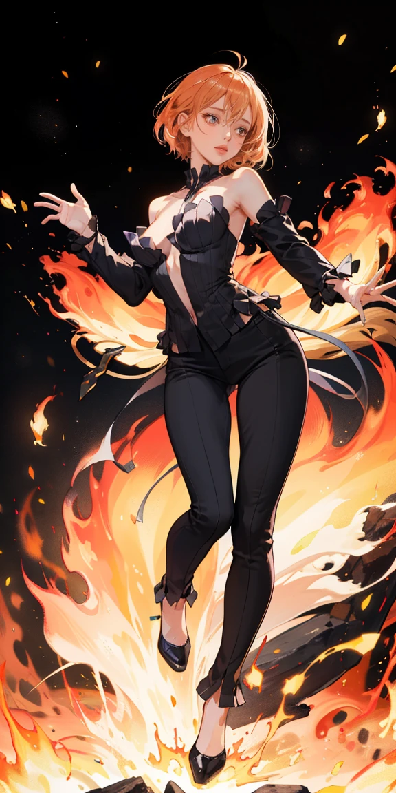 full-body close-up, create an elegant atmosphere), black pants, Black top, Orange short hair, graceful flowing, elegant movements, lustful smirking smile expression (red blush), floating in the air, (1girl), slim figure) fire and Ice background 
