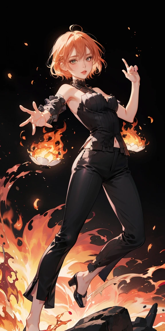 full-body close-up, create an elegant atmosphere), black pants, Black top, Orange short hair, graceful flowing, elegant movements, lustful smirking smile expression (red blush), floating in the air, (1girl), slim figure) fire and Ice background