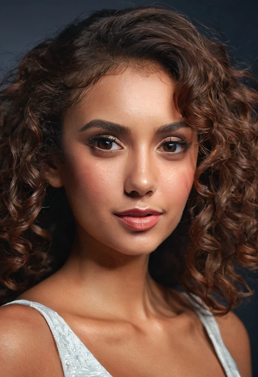 beautfull woman, tall woman, curly hair, skin tanned, beautiful big eyes, well defined lips, prominent cheekbones, Female One, beautiful smiling, captivating stare, details Intricate, high qualiy, photorrealistic, 8k, work of art, volumetric lighting, cinematic lighting, Bright dark, film composition, dramatic pose, dramatic angle, dramatic lighting, dramatic color palette, warm color tones, natural skin tones, hyperrealisti, hyper detailled, Cinematic depth of field, cinematic framing, cinematic atmosphere, perfect  skin, shining skin, shining skin, clear as crystal, splendid, Breathtaking, exotic, Outstanding, Magnificent, EXTRAORDINARY, inspirational