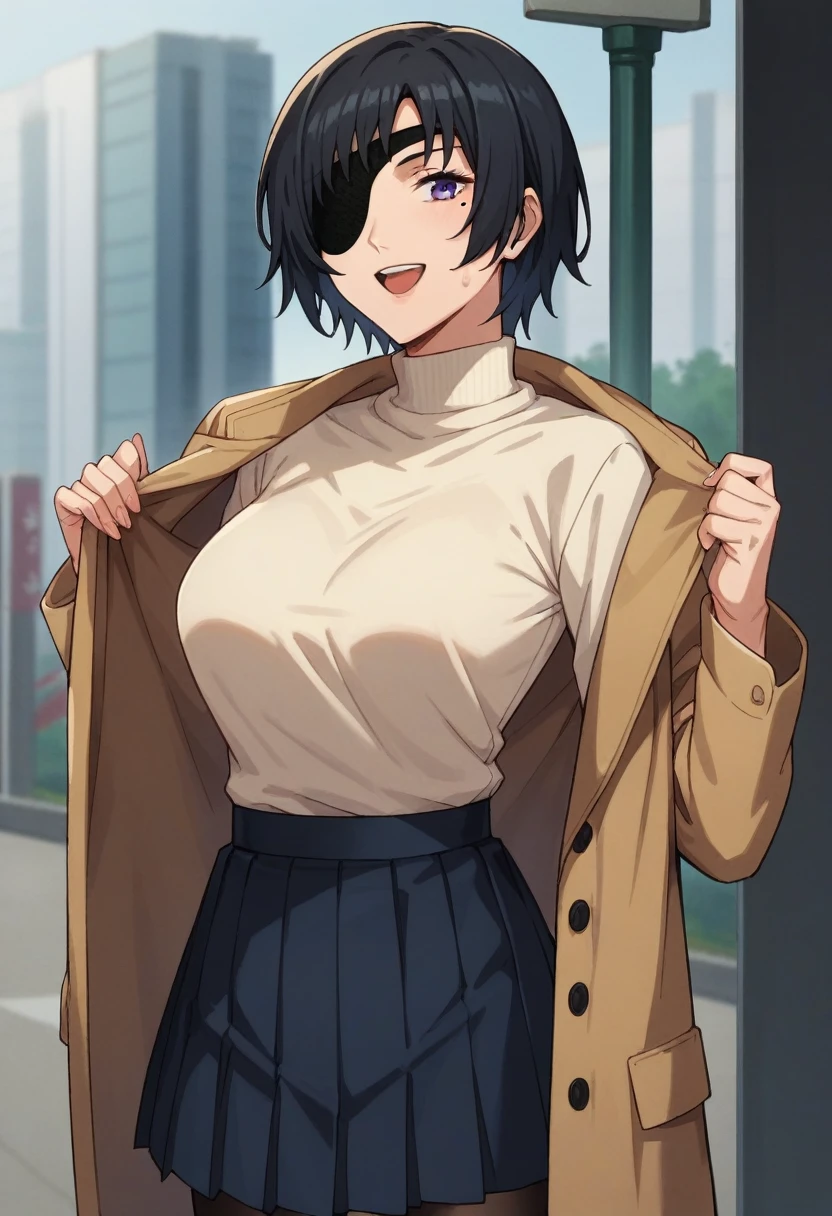 score_9, score_8_up, score_7_up, score_6_up, h1m3n0, 1girl, , mature female,  black hair, short hair, eyepatch, 1girl, pantyhose, solo, breasts, skirt, coat, open_mouth, large_breasts, open_coat, black_pantyhose, mole, black_coat, mole_under_mouth, bangs, purple_skirt, long_hair, black_sweater, turtleneck, pleated_skirt, open_clothes, smile, sweater, long_sleeves, shirt, sweatdrop, miniskirt