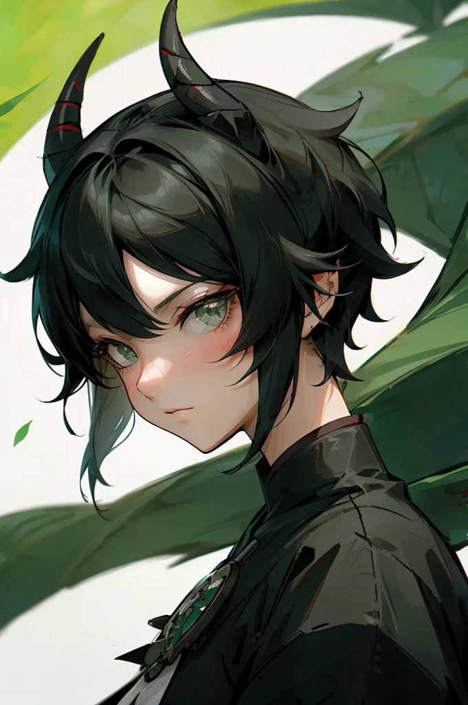 Genshin style, 3d, young girl, black short hair, green eyes, fantasy, dargon horn