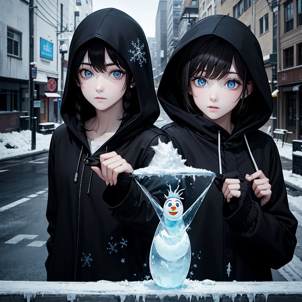 Black Hair,Short inches,male,Blue Eyes,Black hood,Frozen streets
