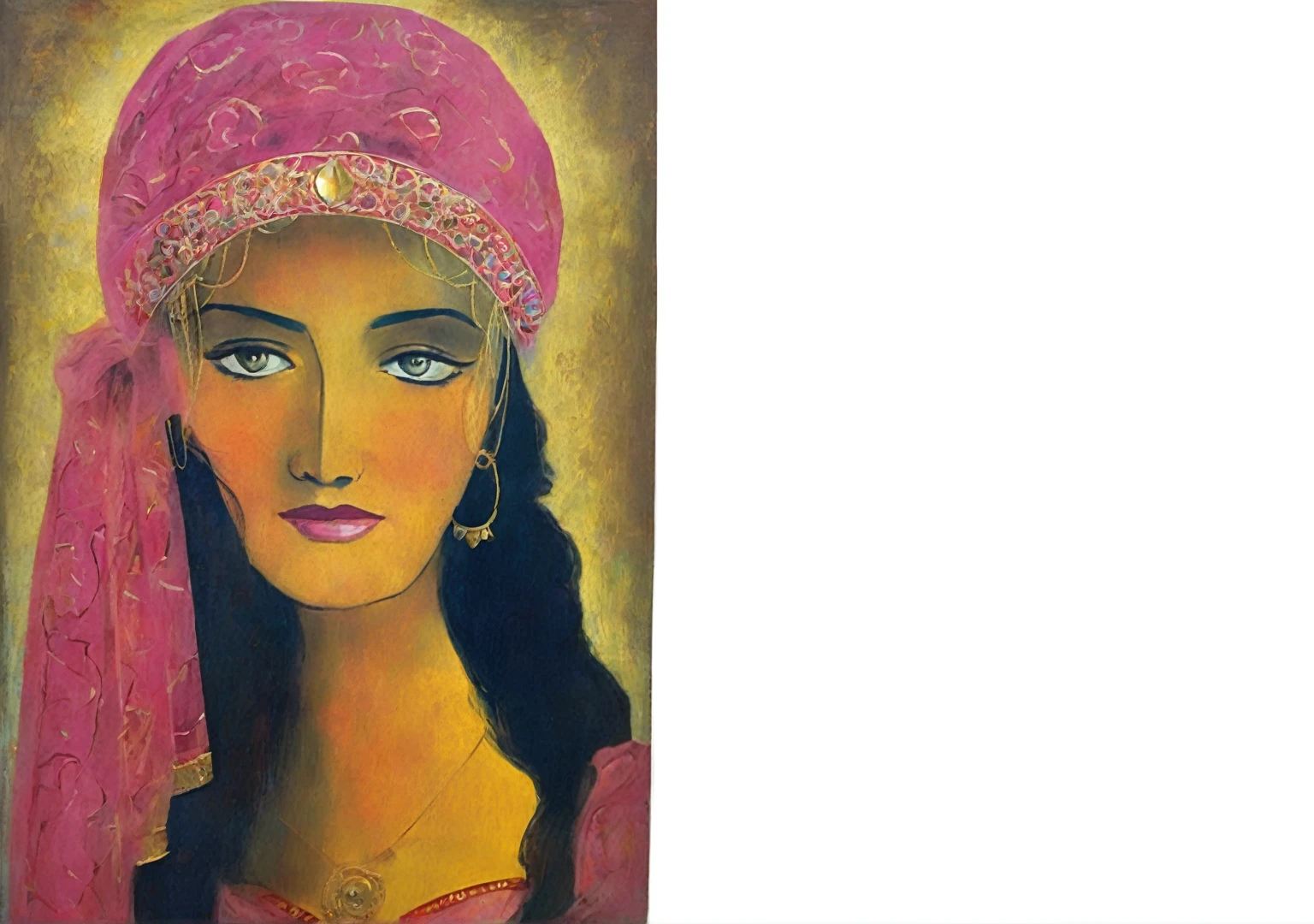painting of a woman with a pink scarf and a pink head scarf, portrait painting of a princess, inspired by Osman Hamdi Bey, inspired by Altoon Sultan, persian queen, painting of a woman, painting oil on canvas, ancient princess libu, Detailed oil on canvas, painting oil on canvas fosca, in the style of ancient painting, orientalist painting