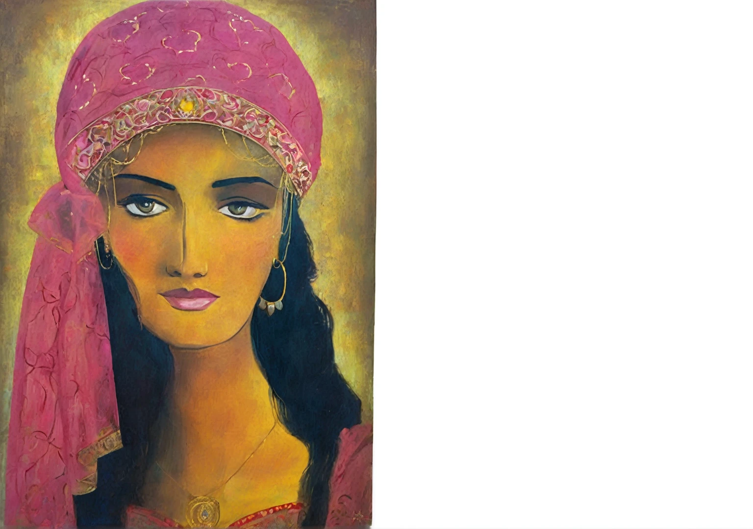 painting of a woman with a pink scarf and a pink head scarf, portrait painting of a princess, inspired by Osman Hamdi Bey, inspired by Altoon Sultan, persian queen, painting of a woman, painting oil on canvas, ancient princess libu, Detailed oil on canvas, painting oil on canvas fosca, in the style of ancient painting, orientalist painting