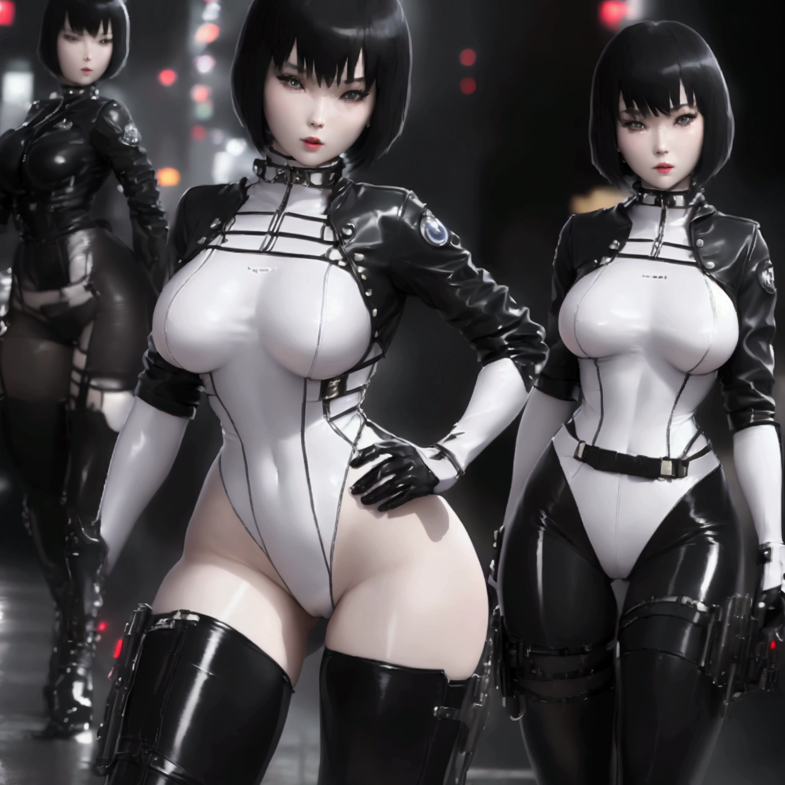 High resolution photo of a woman、Beautiful woman in a white leotard from the future、Black Short Hair、bangs、stockings、High heel boots、Holds a gun from the future、Black leather jacket、ghost in the Shell、Motoko Kusanagi、City of the Future、