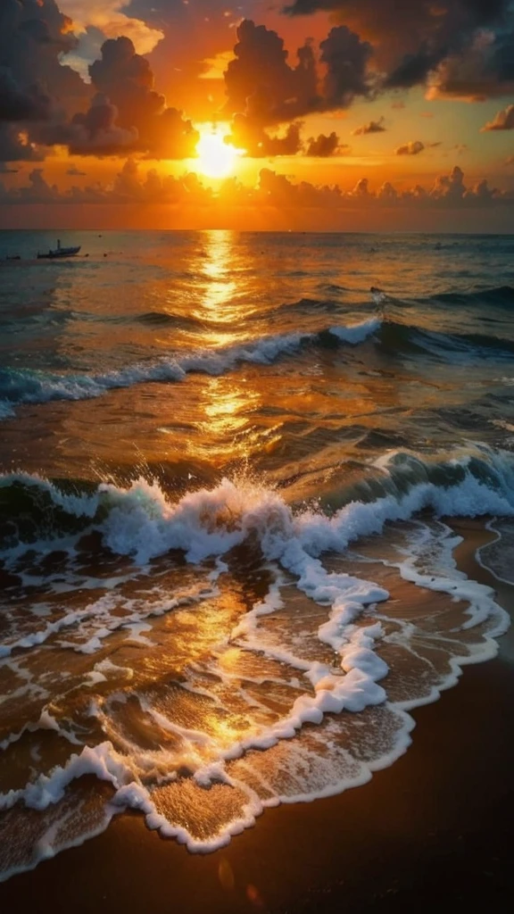 An absolutely mesmerizing sunset over the beach, with a blend of oranges, pinks, and yellows filling the sky. Crystal-clear waters of the sea gently kissing the shore, with sandy white beach stretching far and wide. The scene is dynamic and breathtaking, with seagulls soaring high in the sky and gently swaying palm trees. Take in the calming atmosphere and let the peacefulness wash over you.