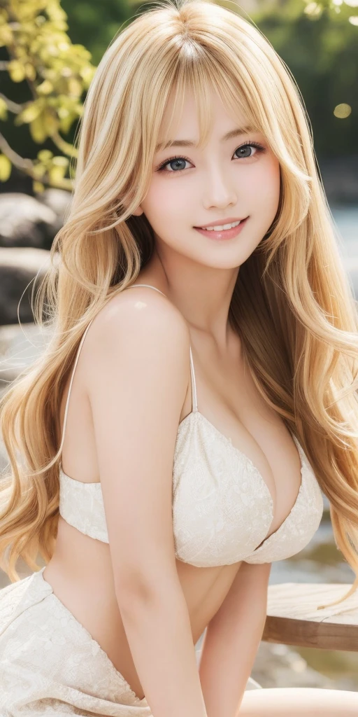 ( masterpiece, Highest quality), 8k,A beautiful Japanese woman,,20-year-old, Small face,(Cute Face:1.2),smile, Large breasts, ,Beautiful and detailed, Evenly spaced 1.2, Blonde Long Hair,(Random Hairstyles),、Highest quality、High resolution、Tabletop、wallpaper、Realistic、Bright lighting、Professional Lighting、Face Light、Smooth lighting、Japanese women、Adult、Beautiful woman、action、gravure、sexy、The bountiful valley、so beautiful、Beautiful Skin、Beautiful and detailed、Detailed face、slim、moderately、Blonde Long Hair、Brown eyes、