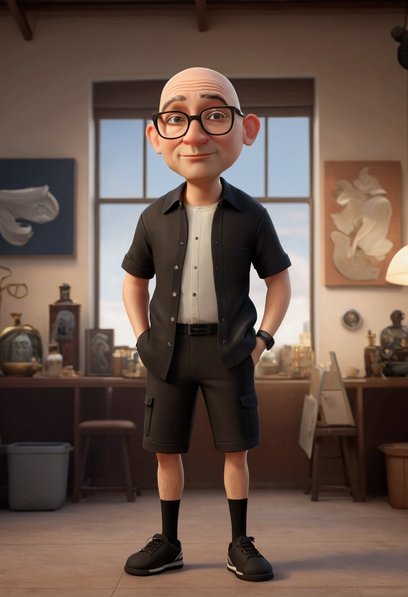 ((best qualityer)), ((work of art)), (detailded), Bald man with glasses,black shirt and knee-length shorts sneakers without socks, meio gordinho