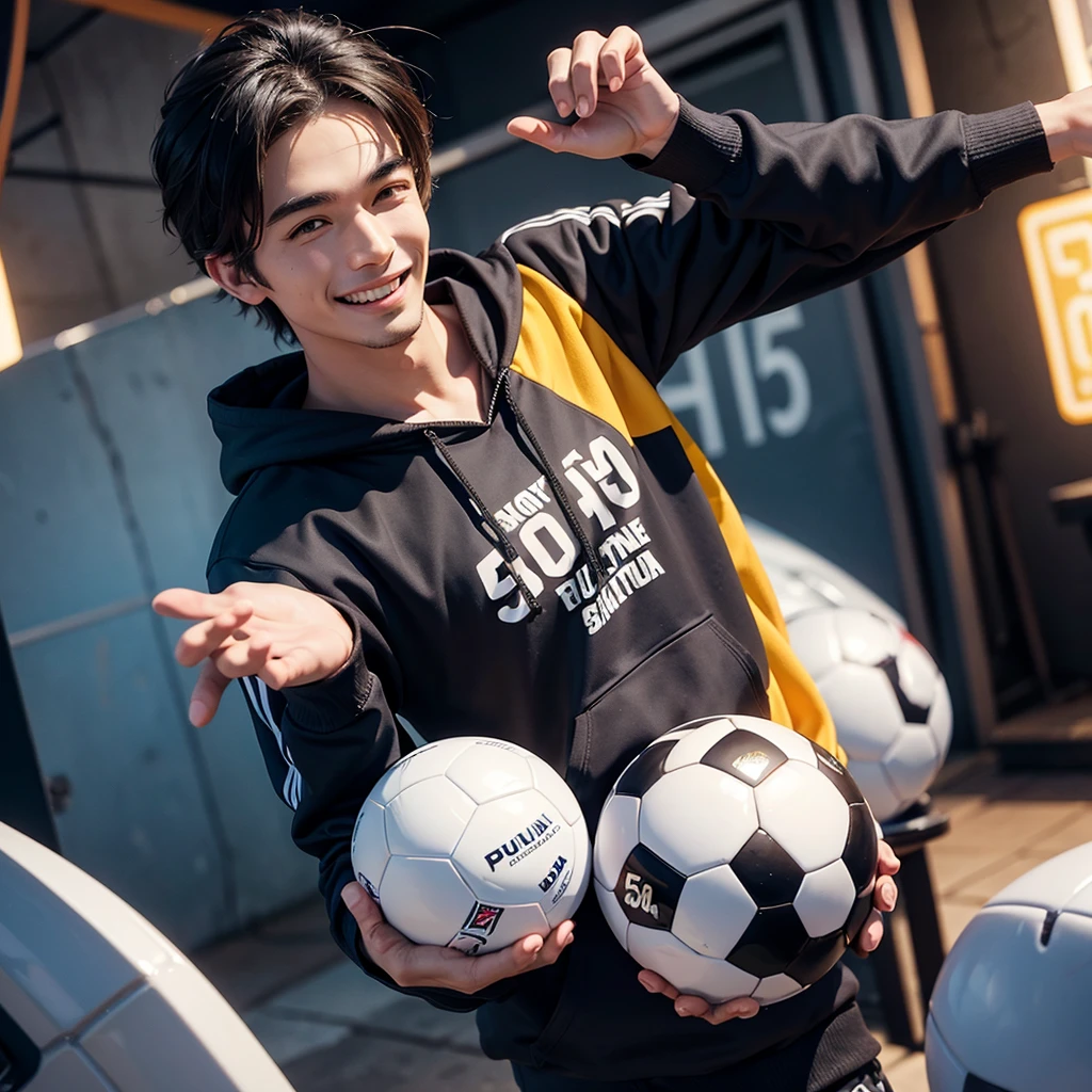 A man holding a soccer ball,holding money,shouting and smiling, handsome,wearing a football hoodie,on hoodie writing"BO NYAN 555mix",3d illustration,8k