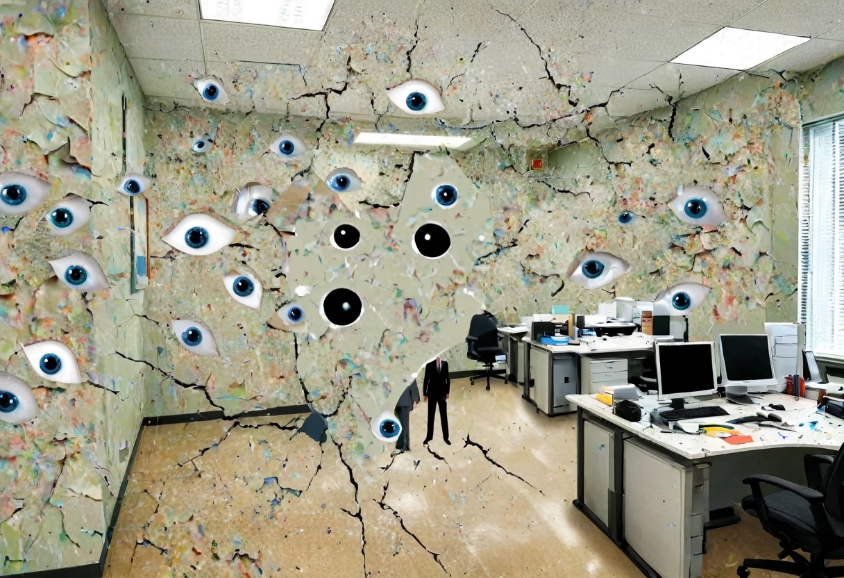 an image with a surreal, distorted office setting featuring cracked paint on the walls and a human silhouette with many eyes 