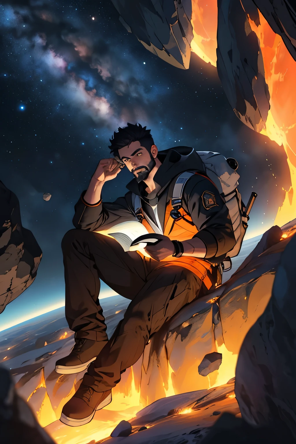 Draw a young programmer, sitting on a research platform floating in the middle of an asteroid belt. He is studying with a notebook, surrounded by several asteroids glowing with fiery auras. Dramatic lighting from distant stars and planets illuminates the scene, casting deep shadows on the suit. The young man looks confident and determined, looking at the vast and mysterious universe with wonder and respect,facial hair, cowboy shot,