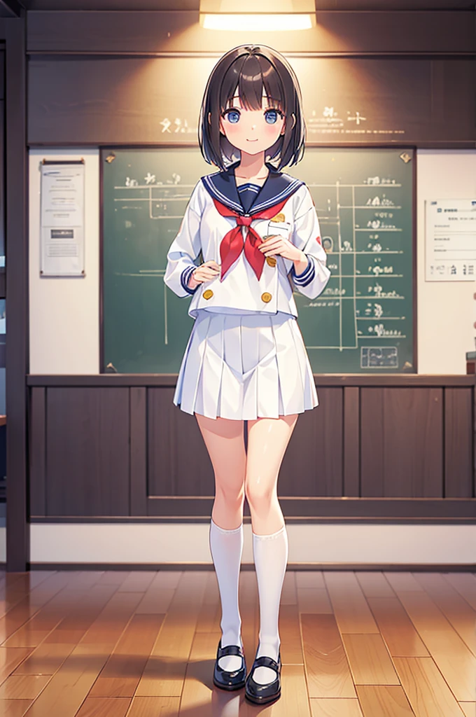 Full body ,dynamic Standing ,(realistic:1.37)、1 girl, cute, , smile, Look at the viewer., sailor suit, Seifuku, photograph, realistic, best quality, hired, detailed face, classroom, Detailed background, Diffused light, depth of field, Bokeh, (white background), Transparent background, looking down, ((masterpiece, illustration, best quality)) , (Full body:1.5), Blank white background, (white background), Transparent background, looking down, ((masterpiece, illustration, best quality)) 