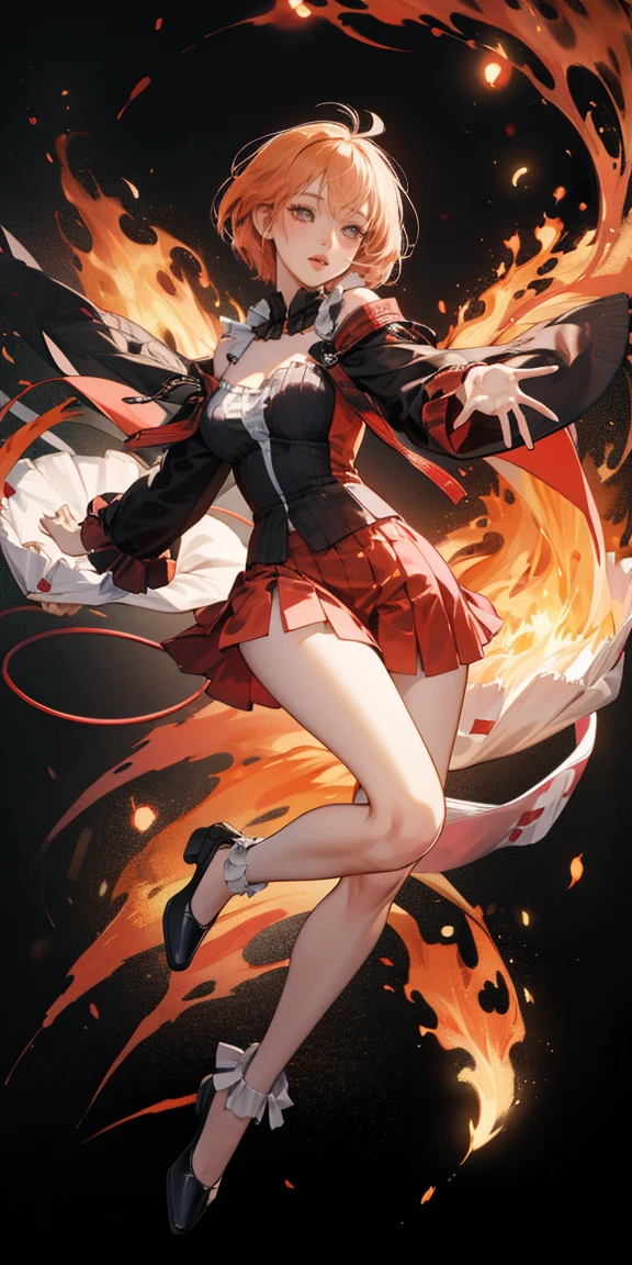 full-body close-up, create an elegant atmosphere), Red short skirt, Black top, Orange short hair, graceful flowing, elegant movements, lustful smirking smile expression (red blush), floating in the air, (1girl), slim figure) fire and Ice background