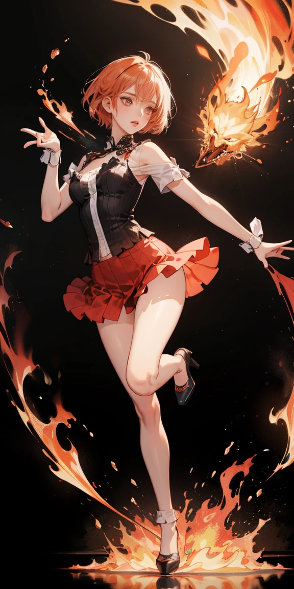 full-body close-up, create an elegant atmosphere), Red short skirt, Black top, Orange short hair, graceful flowing, elegant movements, lustful smirking smile expression (red blush), floating in the air, (1girl), slim figure) fire and Ice background 
